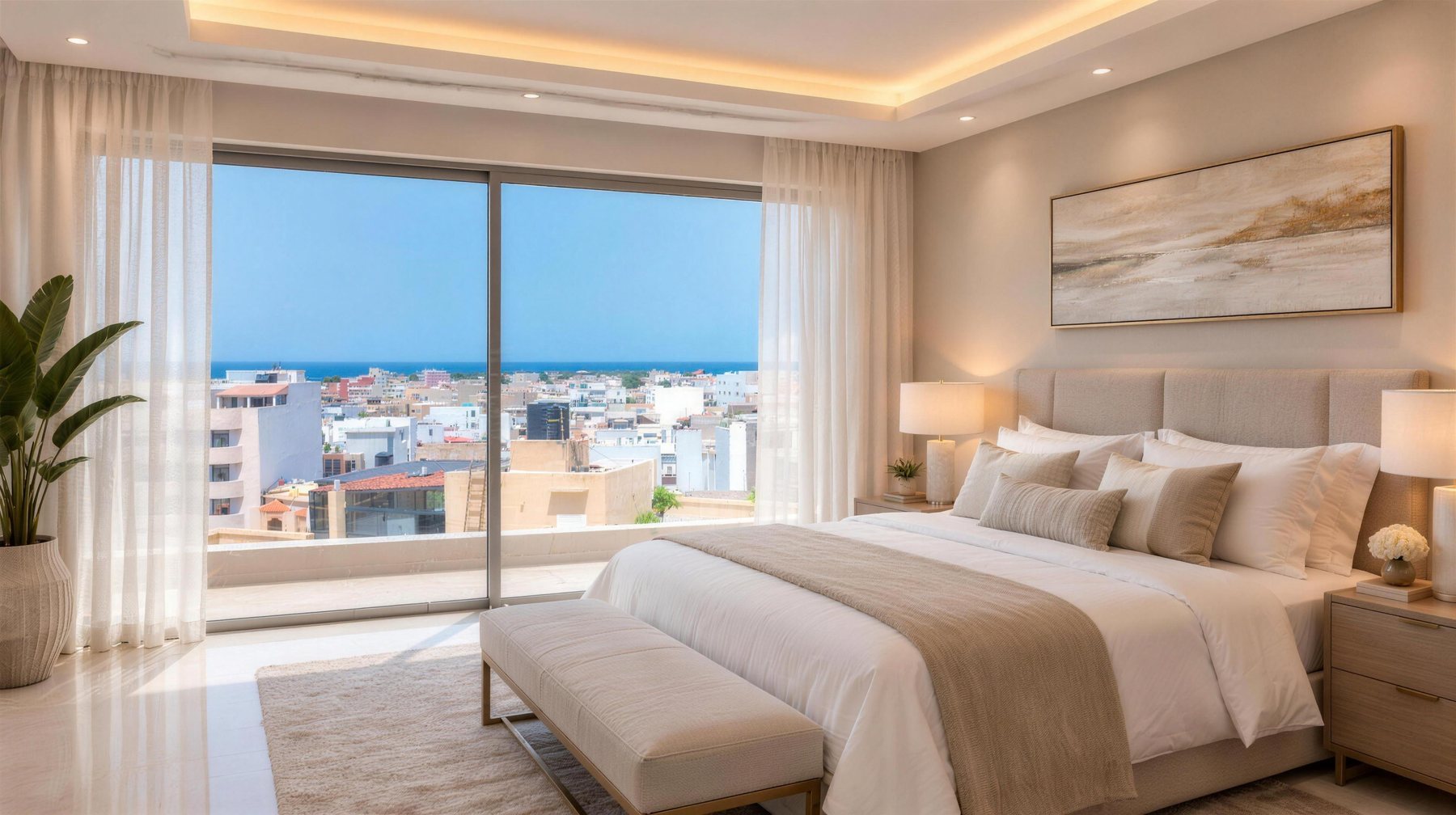 Chambre parentale vue mer – illustration IA