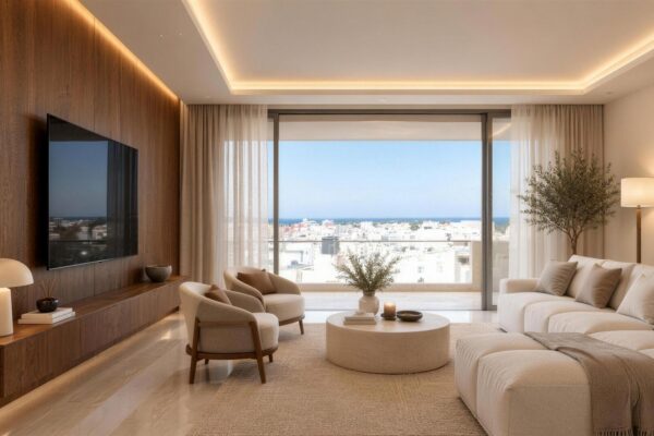Appartement vue mer Almadies – Salon lumineux face à la mer (illustration IA du rendu fini)