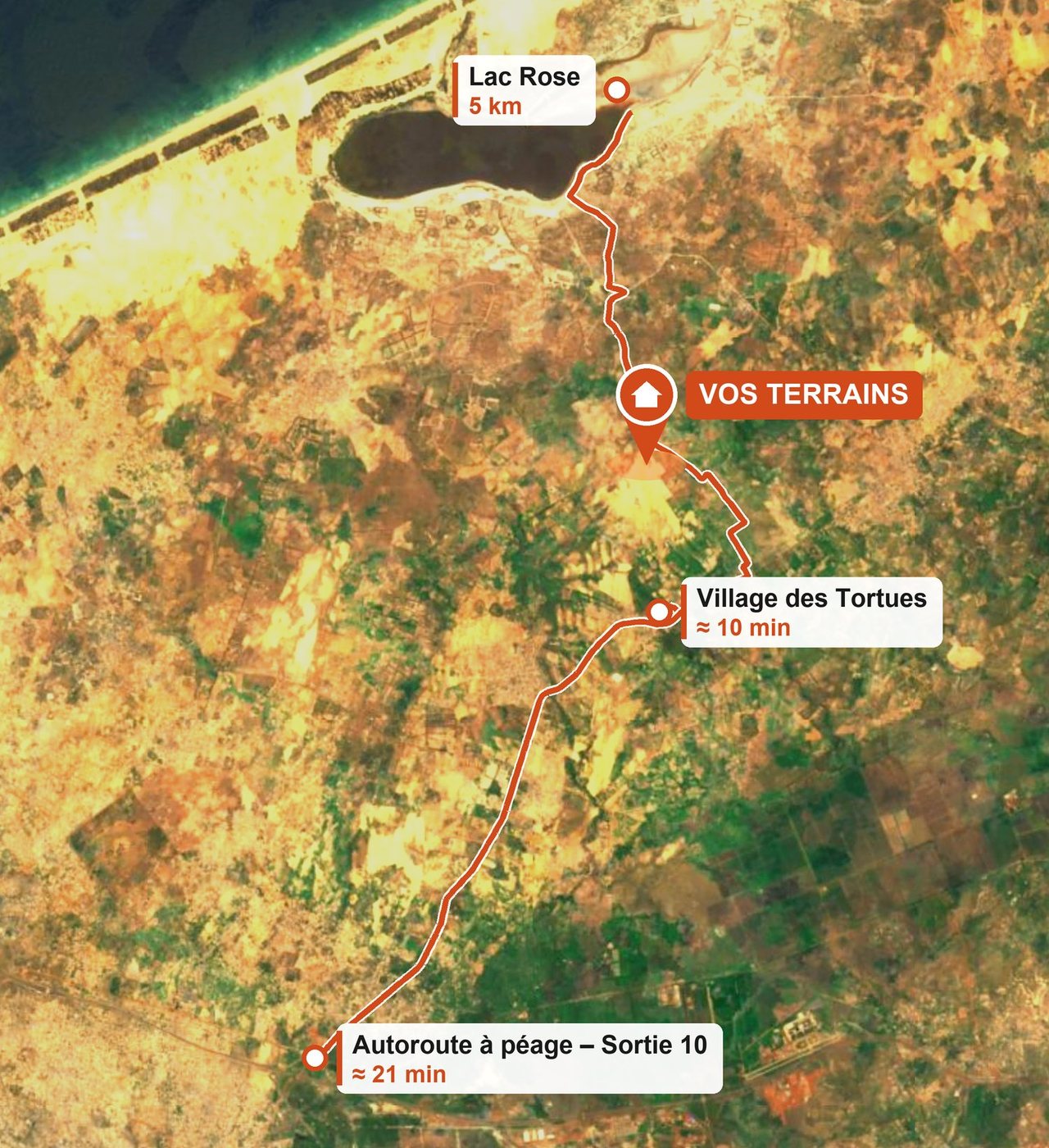 Terrains à Bambilor – temps de trajet vers le Lac Rose, le Village des Tortues et l’autoroute (sortie 10)